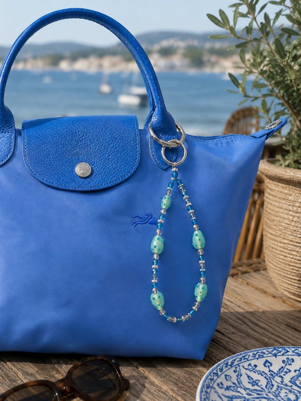 Blue Beaded Bag Charm Keychain
